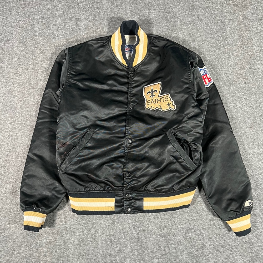 Vintage Starter New Orleans Saints NFL Bomber Jacket Kids Small Black Gold Satin